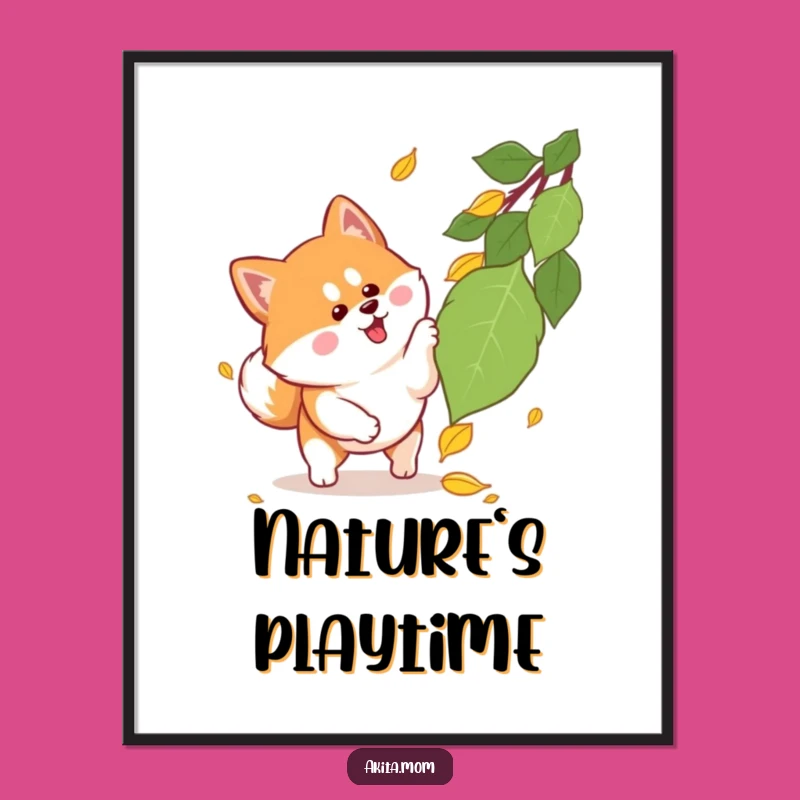 Funny Kawaii Akita Pouncing Leaf Digital Art: Instant Dog Decor Gift!