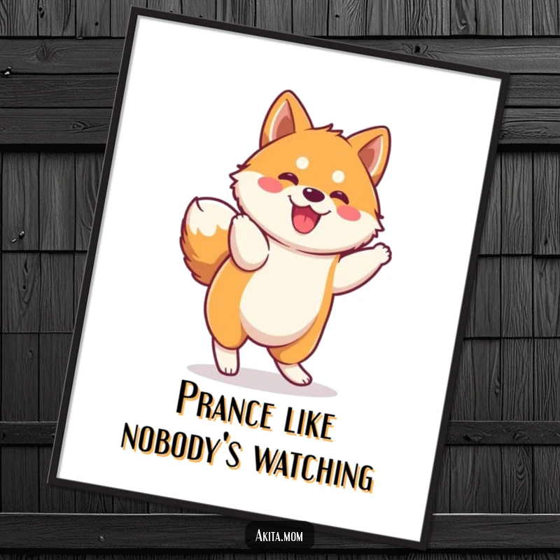 Funny Kawaii Akita Digital Art Print: Cute dog character in a funny, spirited prance, offering instant playful decor.