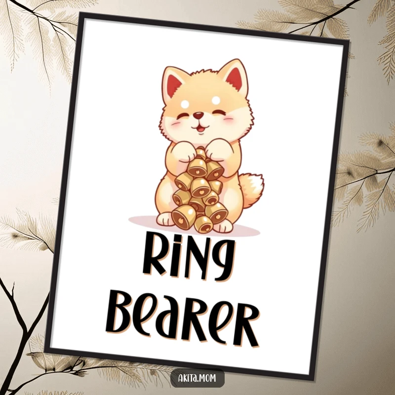 Funny Akita cub digital art print of a cute puppy balancing a stack of tiny bells, offering instant downloadable humor.