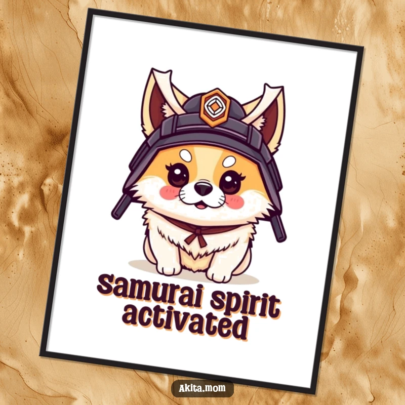 Funny digital art print of an Akita dog wearing a small samurai helmet with impressive flair and a warrior's spirit.