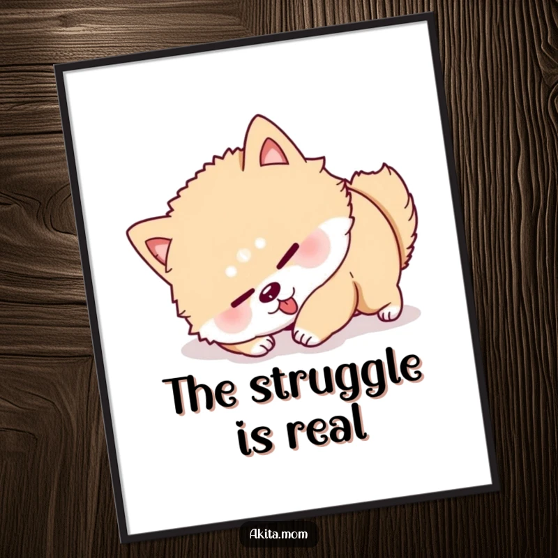 Funny Akita Roll Over Digital Art Print: A determined Akita hilariously tries to roll over, capturing a funny, action-packed moment.