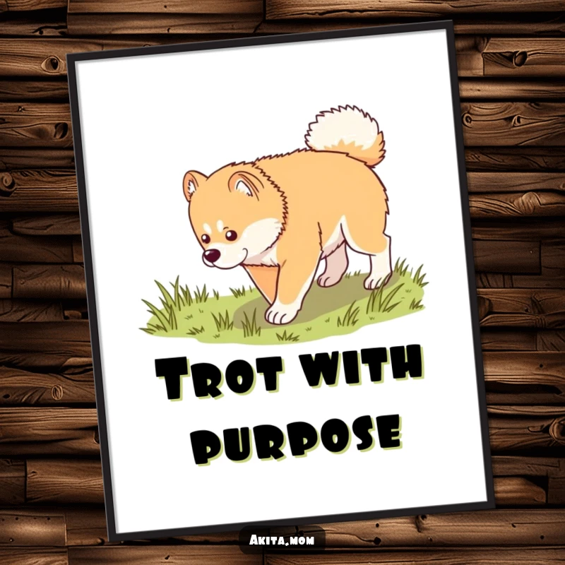 Funny Kawaii Akita digital art print, showing a dog in a dignified trot exploring grass, perfect for immediate download and peaceful home decor.