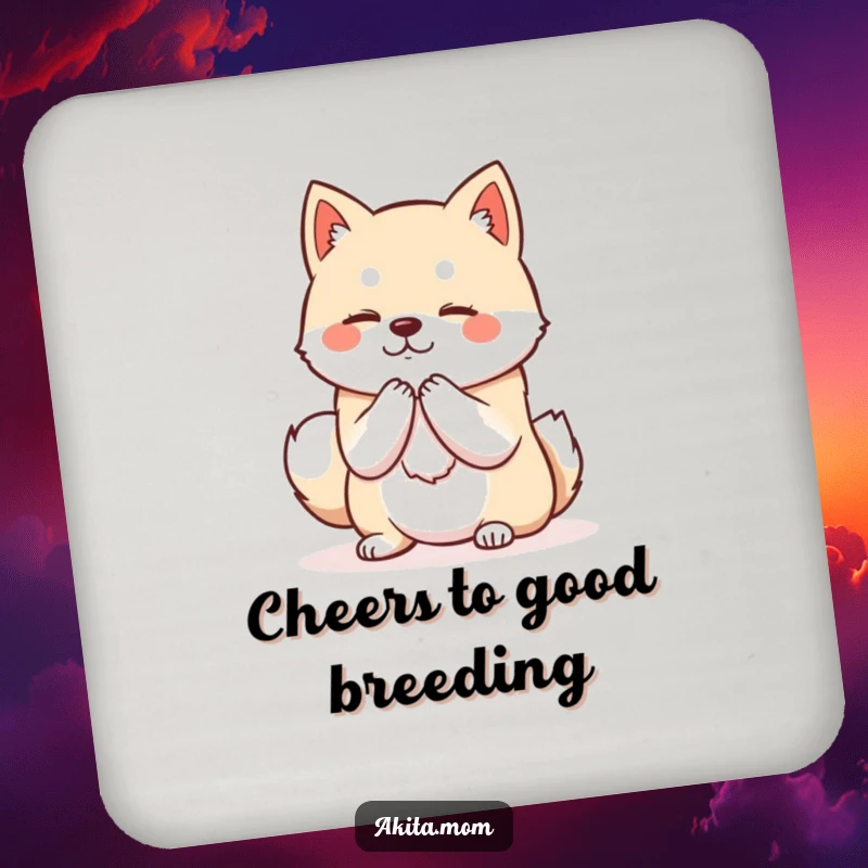Funny Kawaii Akita drink coaster displaying a dog in a dignified posture bowing politely, adding a sophisticated and protective element to tabletops.