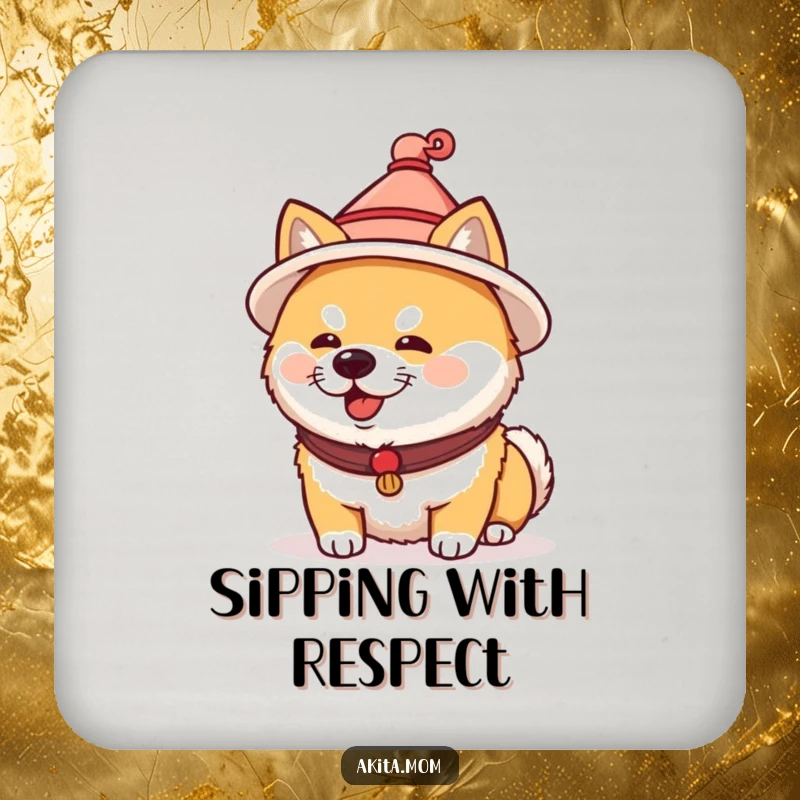 Funny Akita coasters depicting a dog wearing a tiny traditional Japanese hat. Humorous and practical cultural gift.