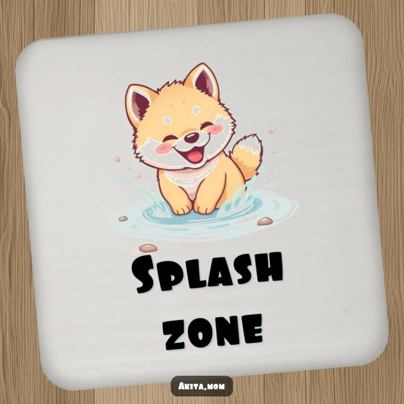 Funny Akita cub coaster showing a cute puppy giggling and splashing in a stream, protecting surfaces with puppy charm.