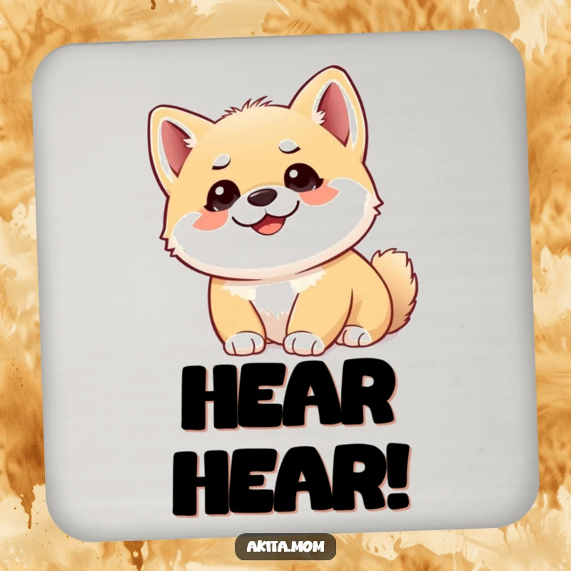 Funny Akita cub coaster showing a cute puppy looking upwards with alert ears, protecting surfaces with puppy charm.