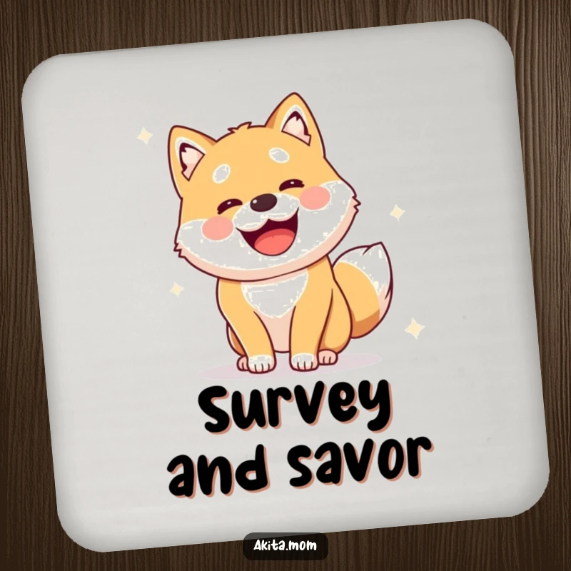 Funny Alert Akita Coaster: Cute dog performing a joyful, alert survey, adding vigilant charm to any surface.