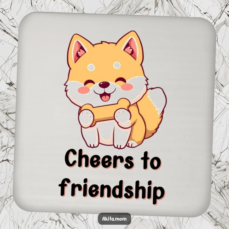 Funny Kawaii Akita drink coaster displaying a gentle-smiling dog offering its favorite toy bone, adding a touch of heartwarming kindness to tabletops.