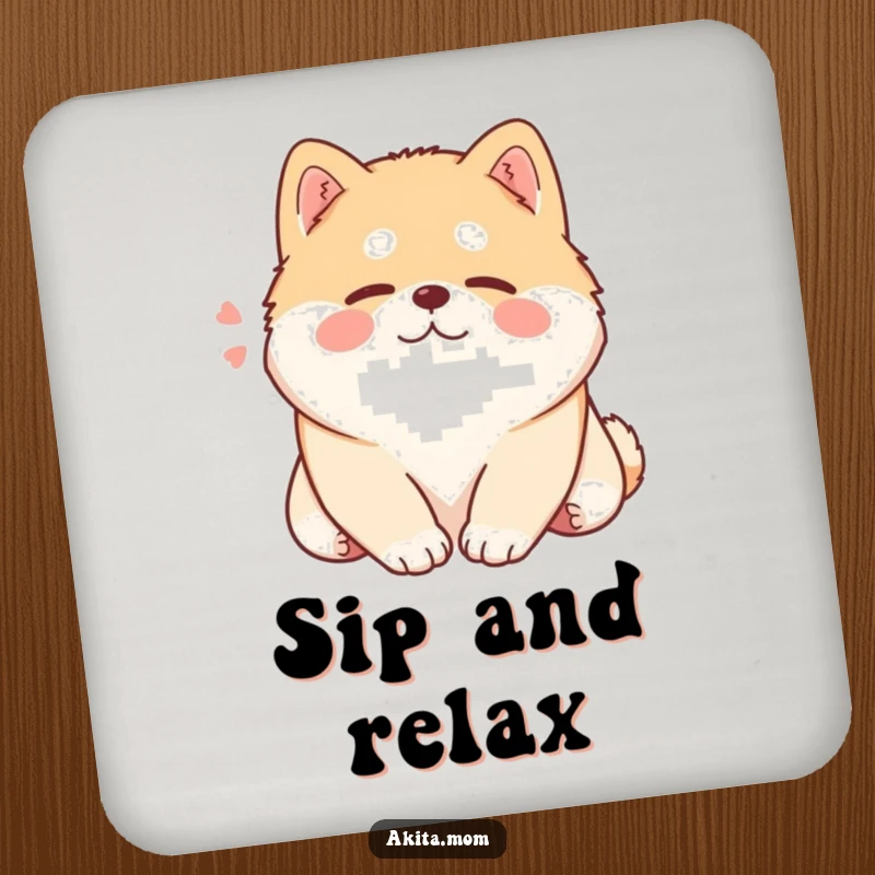 Funny Kawaii Akita coaster, a content dog sighing while resting its head, adding calm to drink protection.