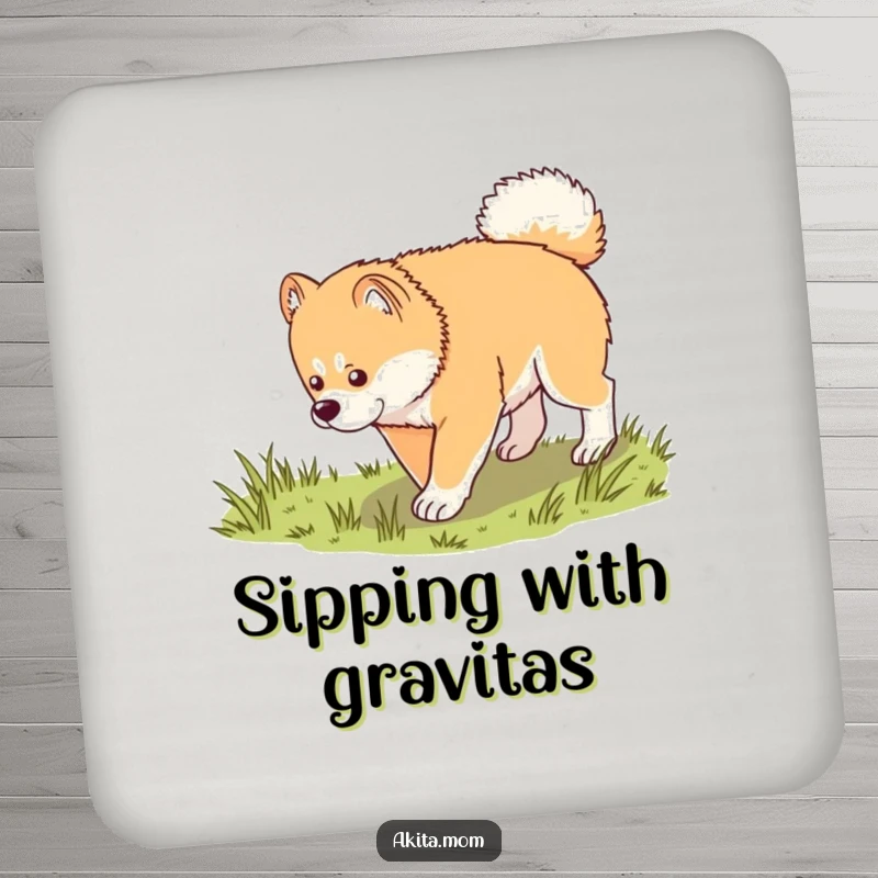 Funny Kawaii Akita coaster, depicting a dog in a dignified trot exploring grass, ideal for protecting surfaces with understated canine art.