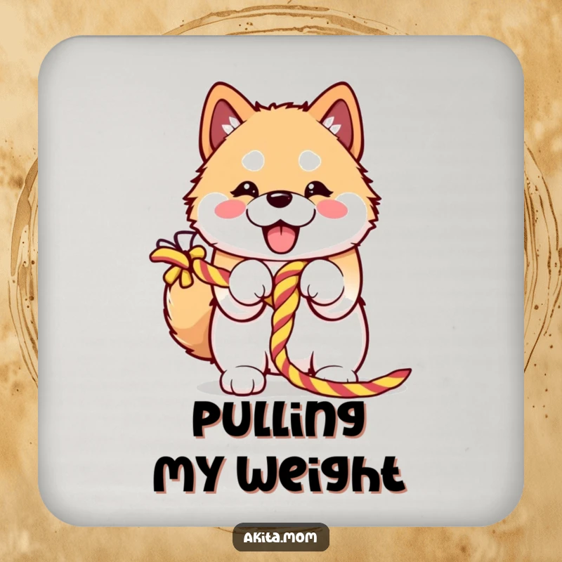 Funny Kawaii Akita drink coasters protecting tables with a cheerful Akita enthusiastically embracing a colorful knotted rope.