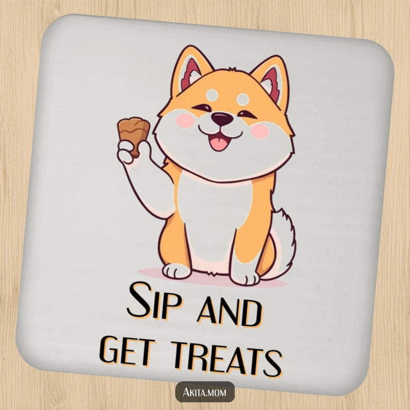 Funny Kawaii Akita coaster, a happy dog holding a treat, adding humor to drink protection.