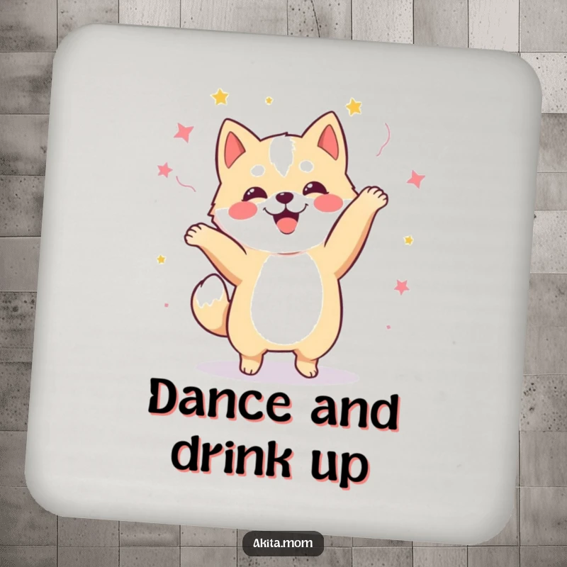 Funny Kawaii Akita dog drink coasters, beautifully illustrating a happy dog in a celebratory dance, protecting surfaces with humor.