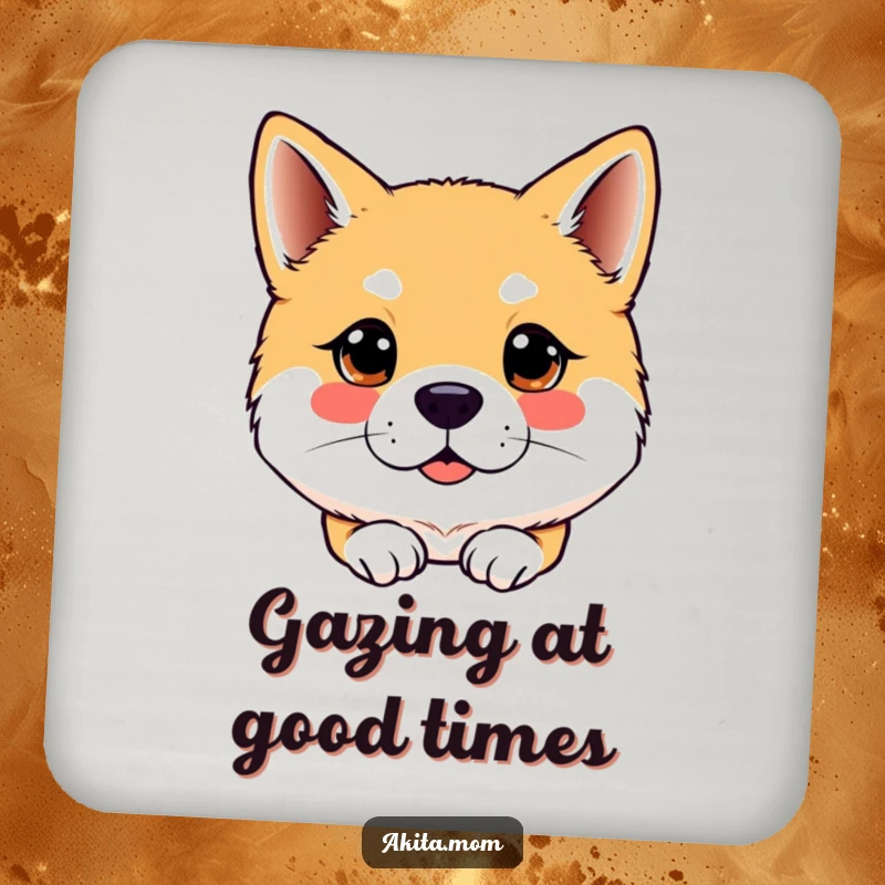 Funny Kawaii Akita dog drink coasters, depicting an attentive gaze, protecting furniture with focused humor and sharp design.