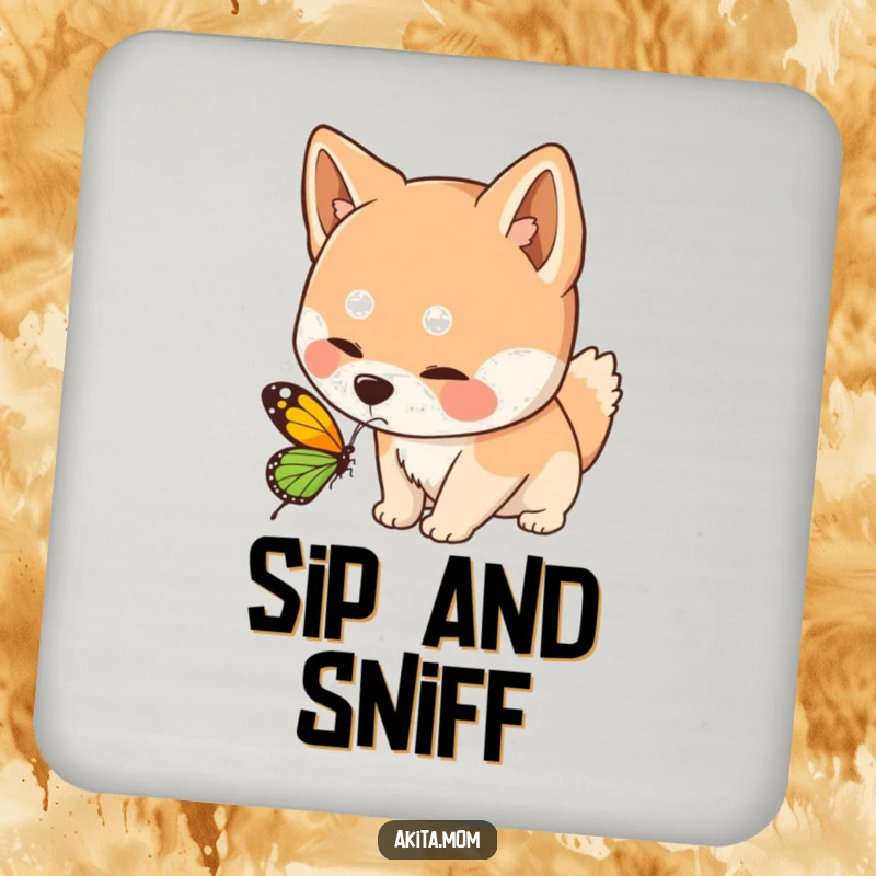 Funny Kawaii Akita dog drink coasters, depicting a curious sniff at a butterfly, protecting furniture with gentle humor and natural charm.