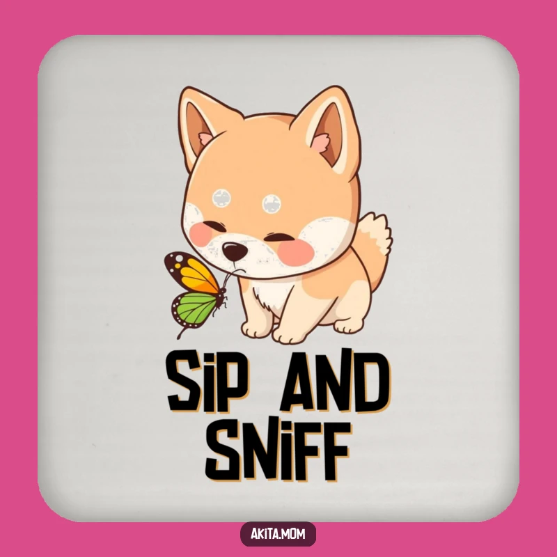 Funny Kawaii Akita Dog Sniffing Butterfly Coaster Set - Protect Surfaces with Whimsy!