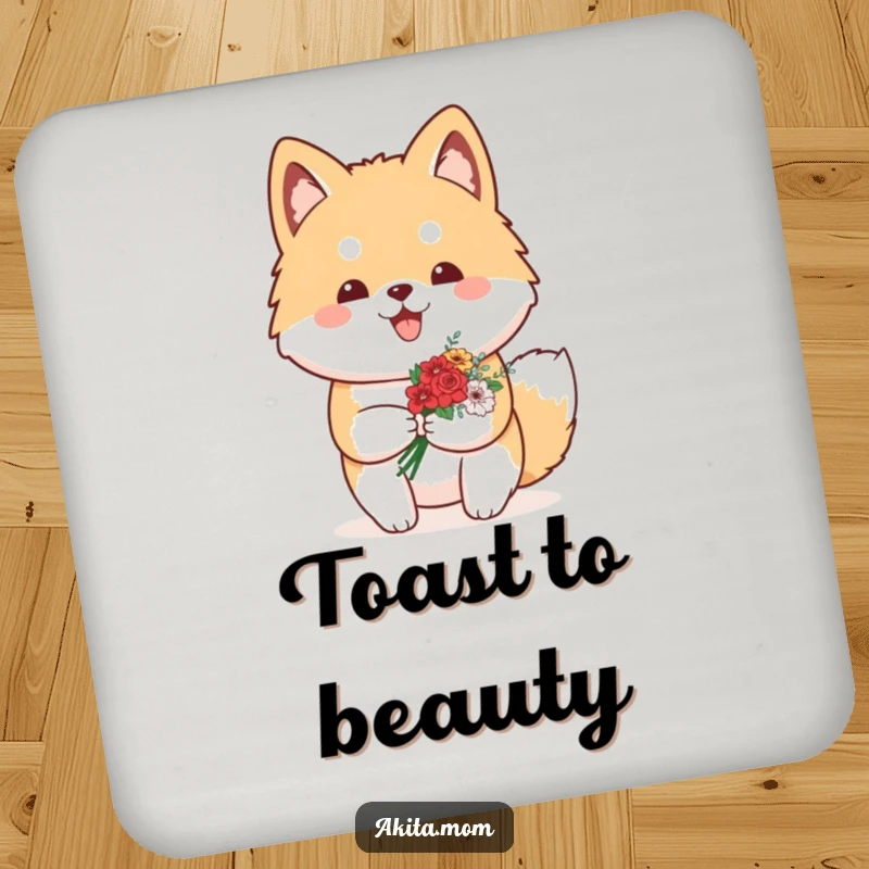Funny Kawaii Akita drink coaster displaying a proud dog carrying a small bouquet of flowers, adding a cheerful and proud touch to tabletops.