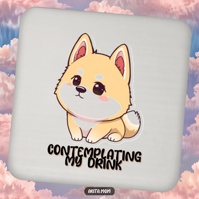 Funny Kawaii Akita coasters (set of 4) showing a dog with intense concentration, perfect for protecting surfaces with focus.