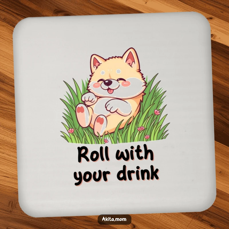 Funny Kawaii Akita dog drink coasters, featuring a dog rolling playfully in the grass, adding humor to surfaces.
