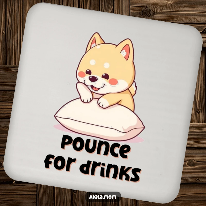 Funny Kawaii Akita coaster shows a cute dog energetically pouncing onto a soft cushion, safeguarding surfaces with humor.