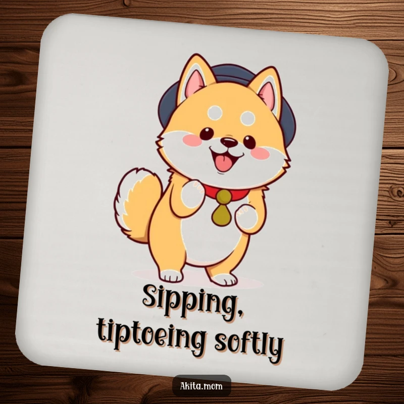 Funny Kawaii Akita Coaster, a happy dog performing a dignified, joyful tiptoe, protects furniture, ideal funny gift.