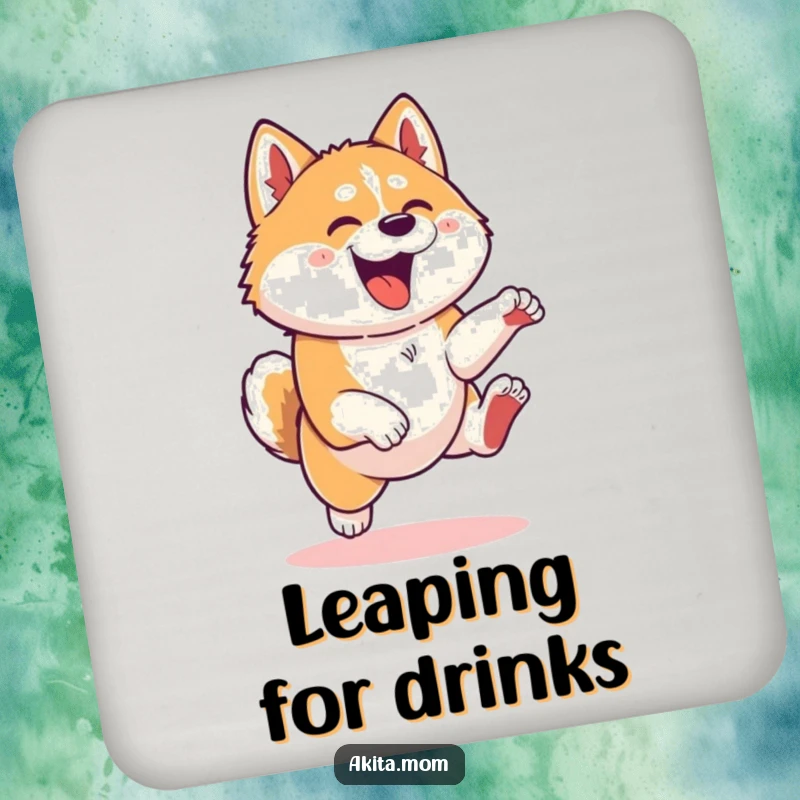 Funny Kawaii Akita dog drink coasters, showcasing a playful leap, protecting furniture with energetic and humorous designs.