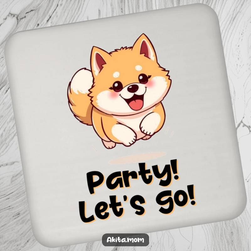 Funny Akita coasters depicting a dog bounding forward with enthusiasm. Humorous and practical gift for table protection.