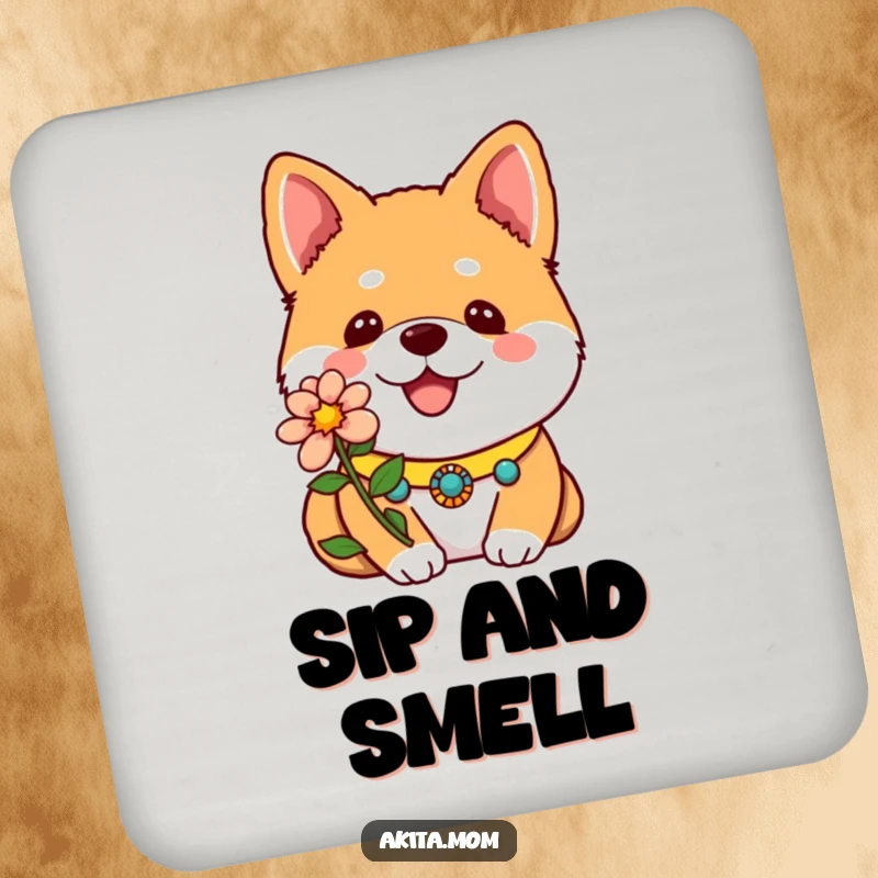 Funny Kawaii Akita Drink Coaster showing a decorative collar and one bright flower, a cute and protective dog accessory.