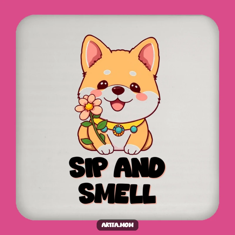 Protect Surfaces: Funny Kawaii Akita Flower Drink Coaster