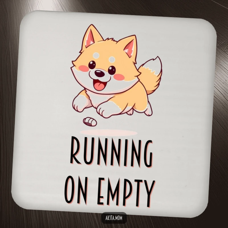 Funny Kawaii Akita drink coasters protecting tables with a happy, bounding Akita running with ears flying.