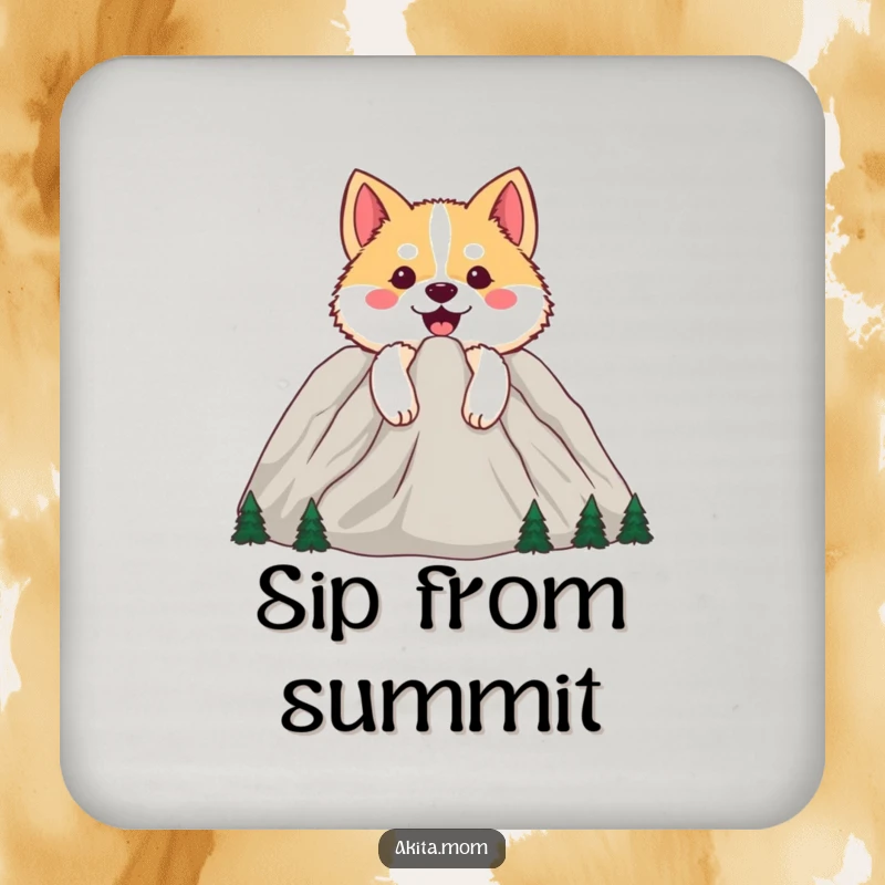 Funny Happy Akita Coaster: Dog peeking from behind a cheerful mountain, a charming and functional piece of adventure decor.