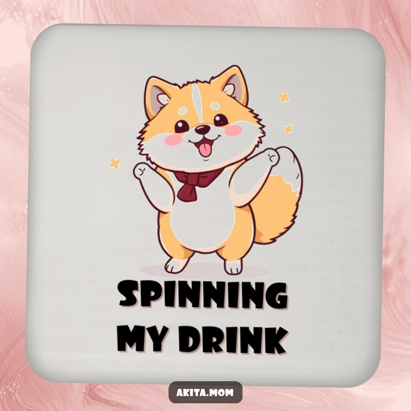 Funny Kawaii Akita Drink Coaster, a cute dog performing a dignified yet cheerful spin, a humorous and protective dog accessory.