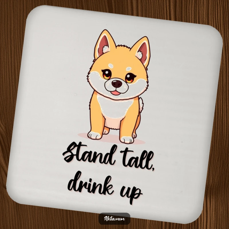 Funny Kawaii Akita coasters showing a proud dog, protecting surfaces with humor. A set of humorous drink coasters.