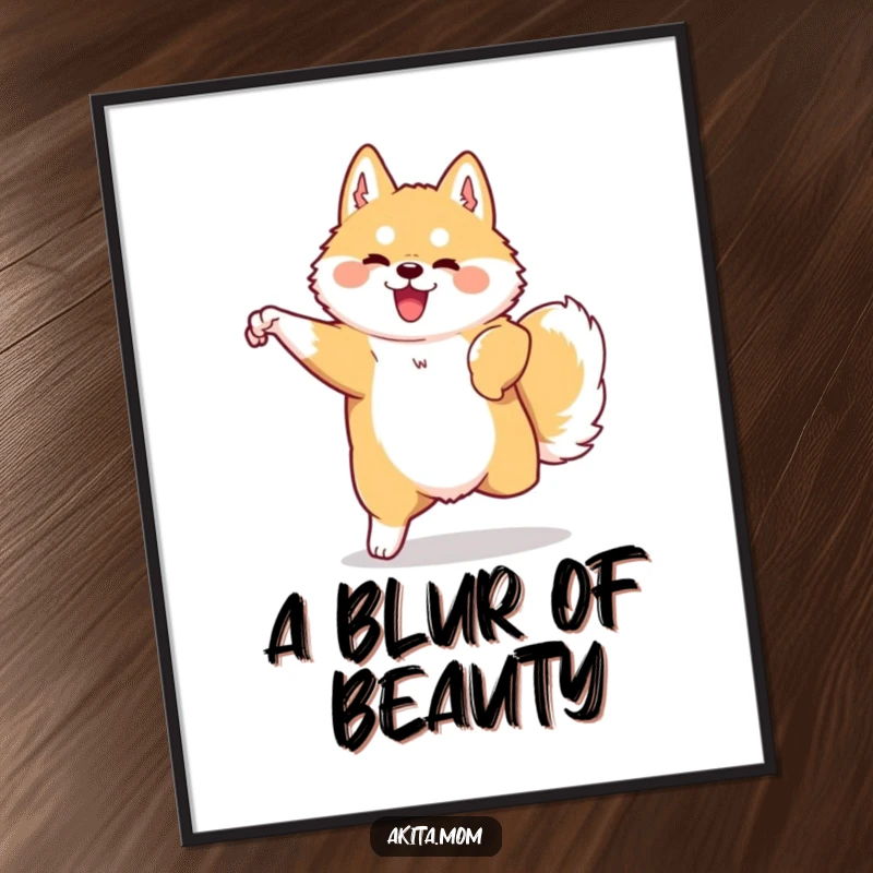 Funny Kawaii Akita poster showing a dog in a graceful, swift movement. Humorous wall art for Akita enthusiasts.
