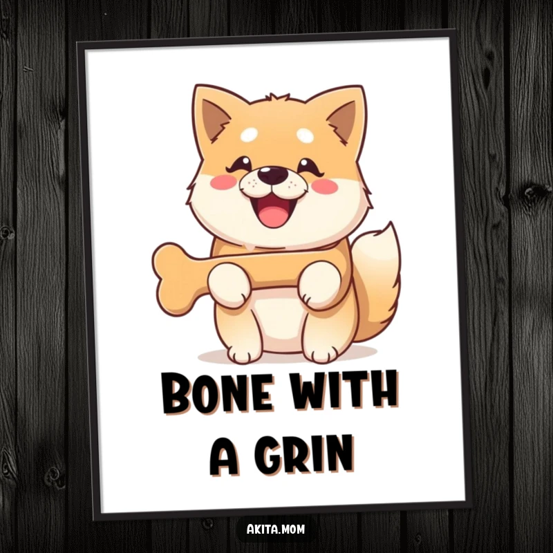Funny Kawaii Akita dog poster, featuring a dog with an ecstatic, beaming smile, happily clutching a bone.