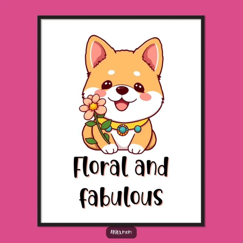 Charming Funny Kawaii Akita Flower Poster: Cute Dog Wall Art