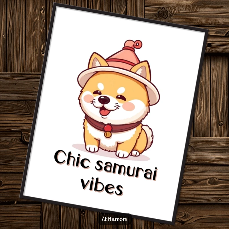 Funny Akita poster showing a dog wearing a tiny traditional Japanese hat. Humorous cultural art, a unique gift.