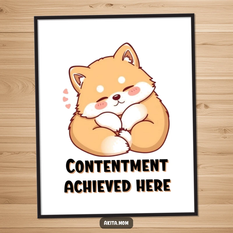 Funny Kawaii Akita poster art, displaying a dog curling up contentedly with a soft sigh, bringing serene and comforting vibes to any space.