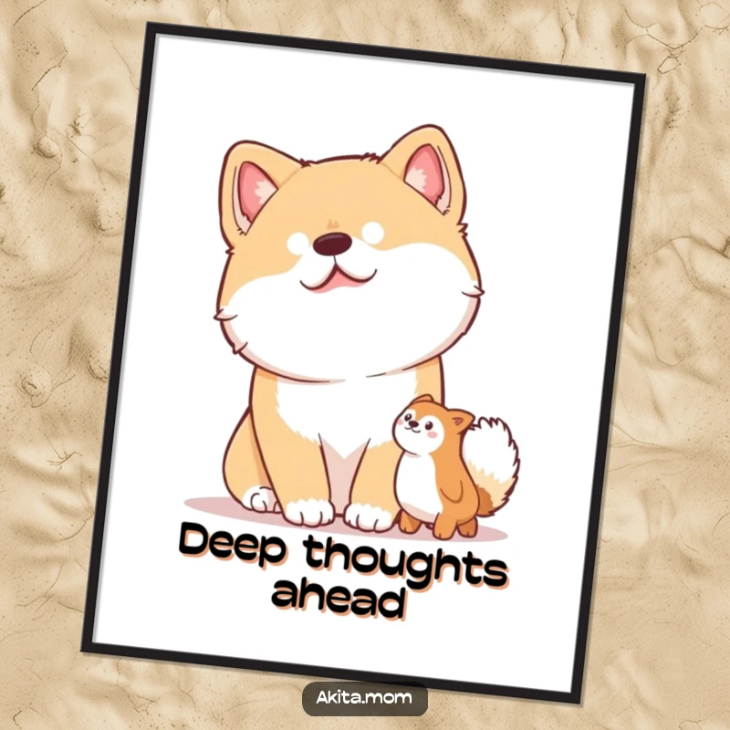 Funny poster showcasing an Akita with a characteristic head tilt, looking inquisitively at a toy, full of charm.