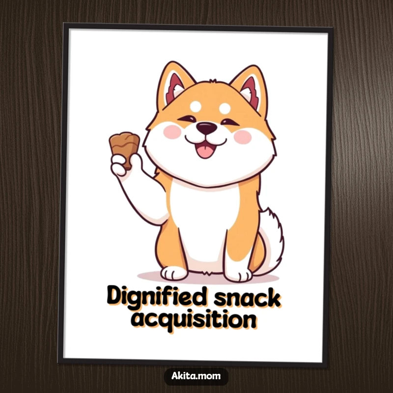 Funny Kawaii Akita poster, a happy, dignified dog holding a treat aloft, perfect wall art for a touch of humor.