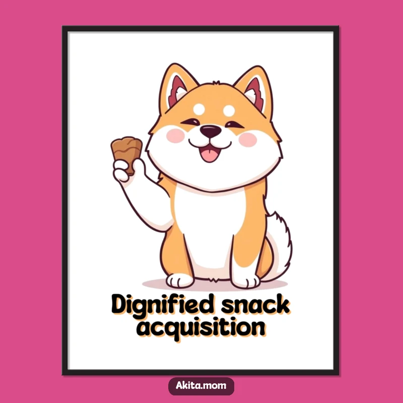 Add a touch of playful elegance to your walls with this funny Akita poster. The dignified yet happy kawaii Akita holding a treat is art that brings smiles.