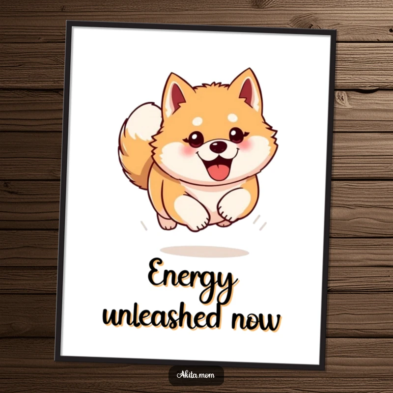 Funny Akita poster showing a dog bounding forward with enthusiasm. Humorous wall art, a great gift for dog lovers.