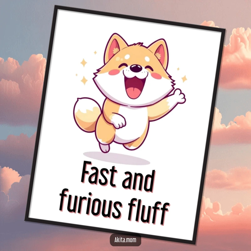 Energetic Akita Zoomie Poster: An Akita character performing a happy zoomie, capturing a moment of pure, funny exhilaration.