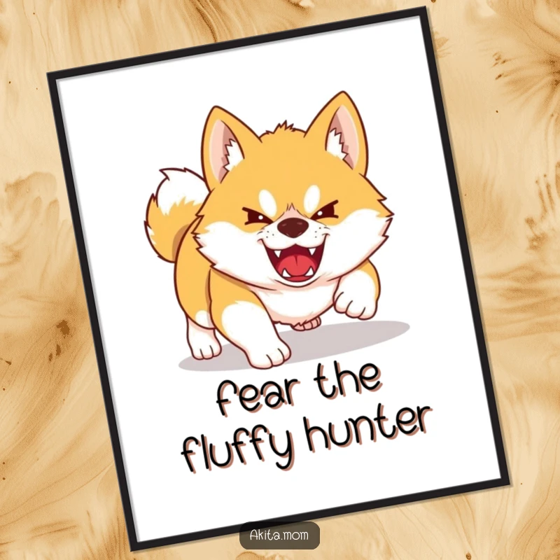 Funny Kawaii Akita poster showing a dog playfully pouncing on a shadow with fierce adorableness. Humorous wall art.