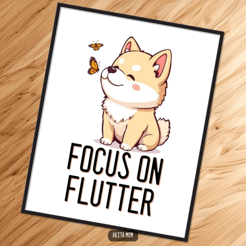 Funny Kawaii Akita poster with a playful head tilt, observing a fluttering butterfly, capturing a moment of gentle fascination.