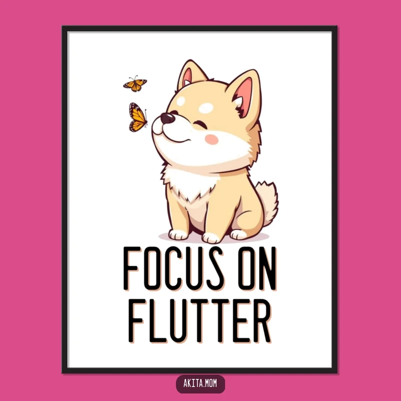 Brighten your walls with this enchanting poster of a kawaii Akita captivated by a butterfly. A beautiful and funny gift for any nature lover!