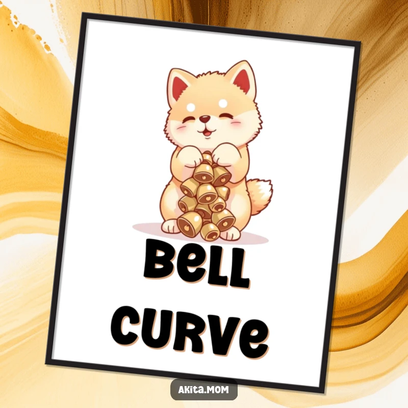 Funny Akita cub poster depicting a cute puppy balancing a precarious stack of tiny bells, adding a touch of humor and charm.