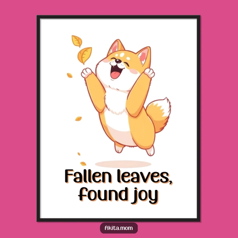 Funny Akita Leaf Chase Poster: Joyful Autumn Dog Art Gift