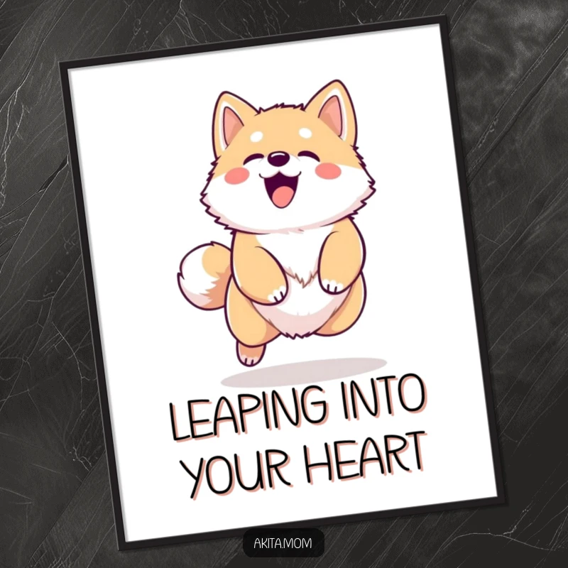 Funny Kawaii Akita poster, artfully displaying a dog in mid-leap with a happy bark, bringing energetic and cheerful vibes to any room.