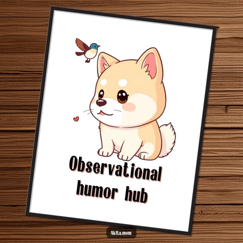 Funny Kawaii Akita poster art, displaying a dog with a focused gaze intently watching a distant bird, bringing observant and curious vibes to any room.